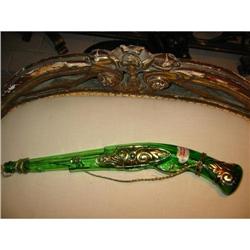 Stunning art glass green decanter gold overlay!#1888634