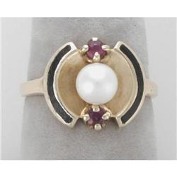Cultured Pearl, Enamel and Ruby Ring #1901692