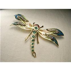 14K YG Ruby Emerald Diamond Dragonfly Brooch #1901858