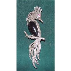 Estate Deco Ruby Onyx Marcasite Silver Brooch #1901963
