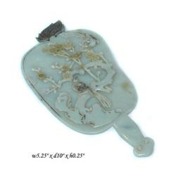 Chinese Green White Jade Fan w Scenery Carving #1902093