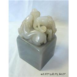Chinese Gray White Jade Double Goats Seal Stamp#1902094