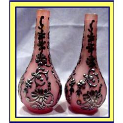 PAIR PINK GLASS OVERLAID BOTTLE VASES #1902150