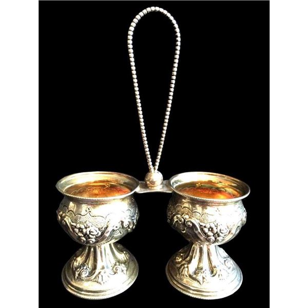 19thc Sterling Embossed Roses Double Salt Cellar