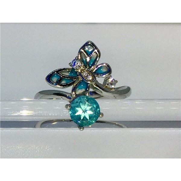 Blue Apatite, Enamel & Sterling Silver Butterfly Ring
