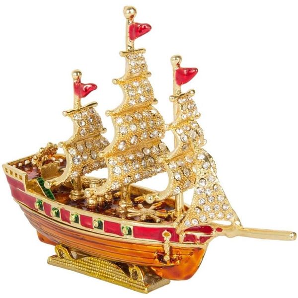 Enamel & Crystal Masted Sailing Ship Trinket, Jewel Box