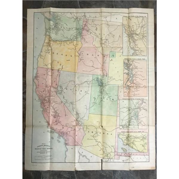 Early 1900's Handcolored Railrway Mail Service Map