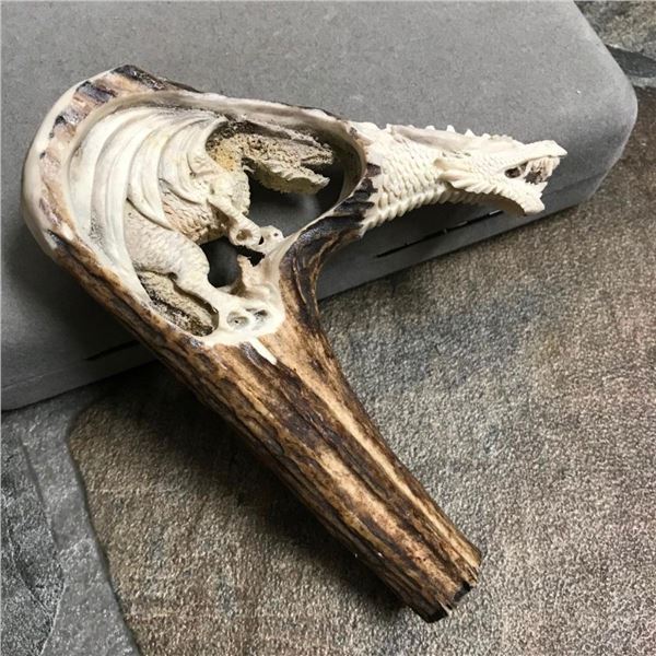 Double Dragons Carved Deer Antler Walking Stick Cane Handle