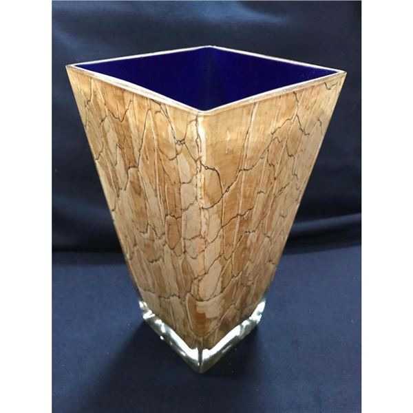Art Glass Vase, Cobalt Blue & Tobacco Leaves Decoration