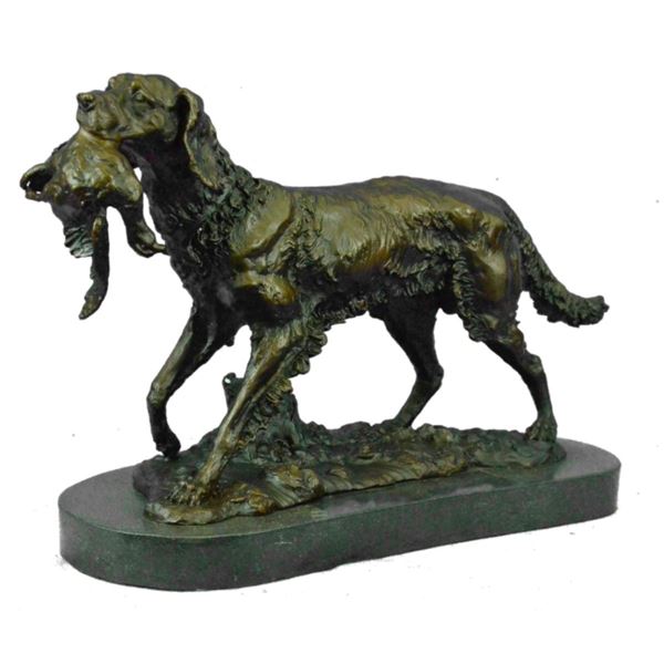 After Barye, Hunting Dog With Bird Bronze Sculpture