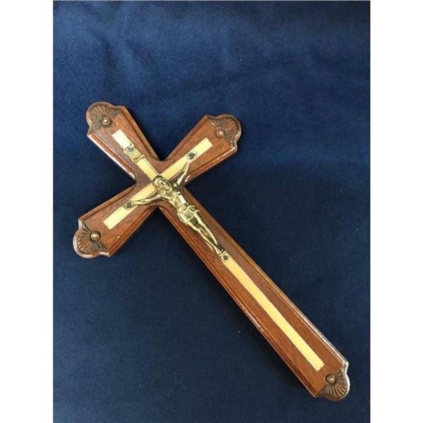 Hand-carved Wood & Gilt Brass Crucifix Cross
