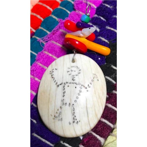Colorful Pictograph Bone & Coral Pendant