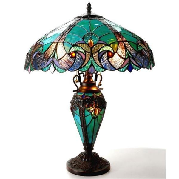 Victorian Style Stained Art Glass Double Lit Table Lamp