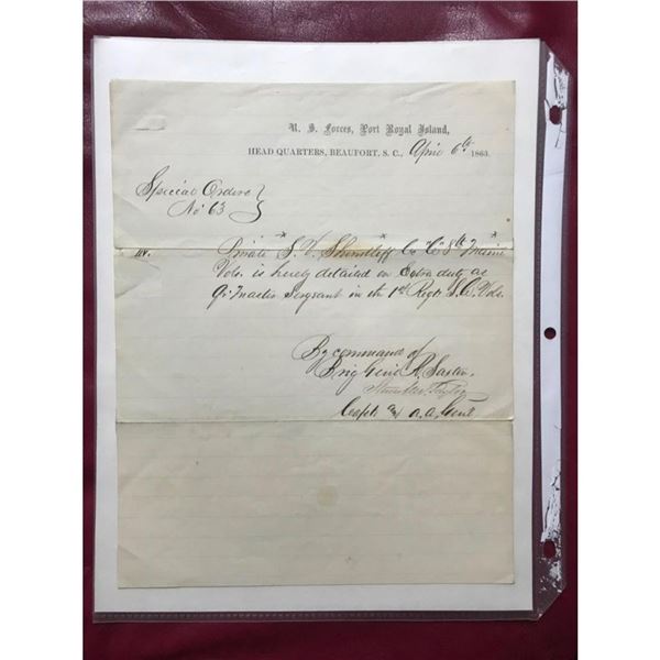 1863 Civil War Signed Special Orders, Brig Gen Rufus Saxton