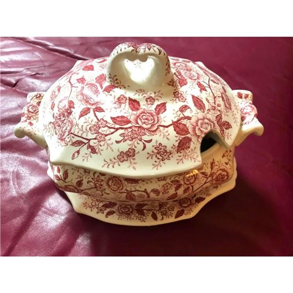 Vintage Japan Red Transferware Tureen Set