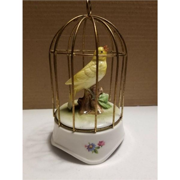 Vintage Porcelain Bird In Cage Music Box