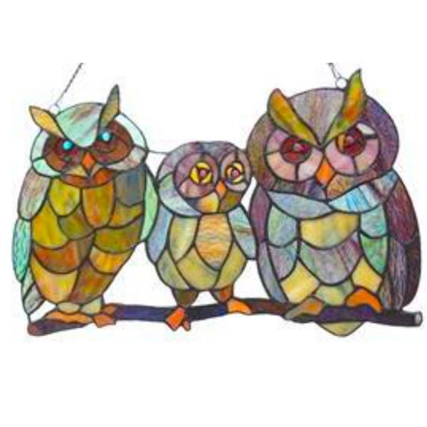 Owl Family Hanging Art Glass Panel