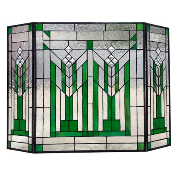 Mission Style Stained Art Glass Fireplace Screen