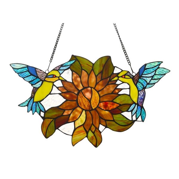 Sunflower Hummingbirds Stained Art Glass Hanging Panel