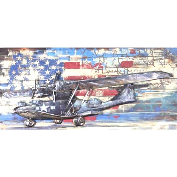 Mixed Media Sculptural 3D Painting, B64 Military Aircraft, US Flag