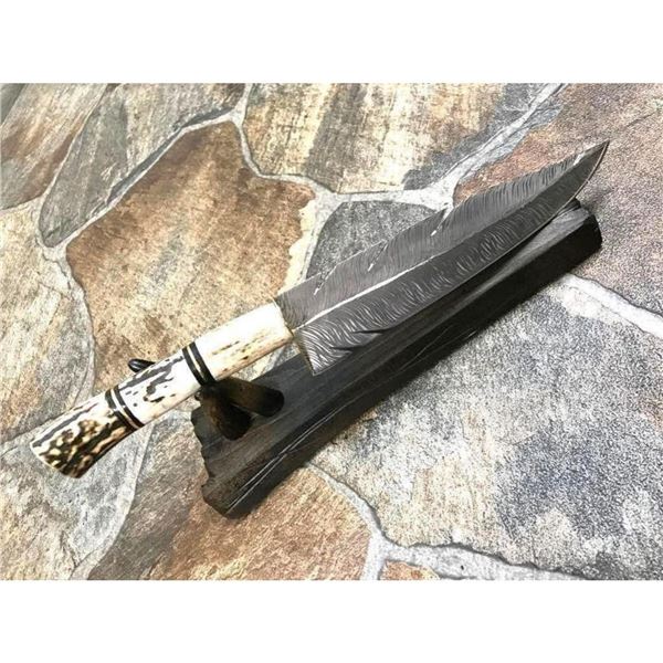 Ornate Damascus Steel Deer Horn Handle Feather Knife