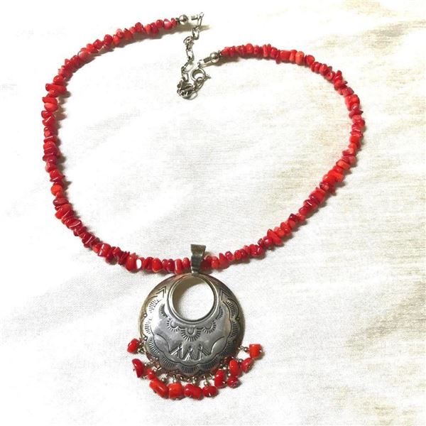 Navajo Signed Concha Etched Coral Nugget Necklace