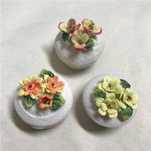 Group of Bisque Porcelain Flowers Trinket Boxes