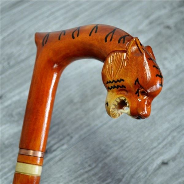Artisan Handcarved Wooden Tiger Head Walking Stick, Cane