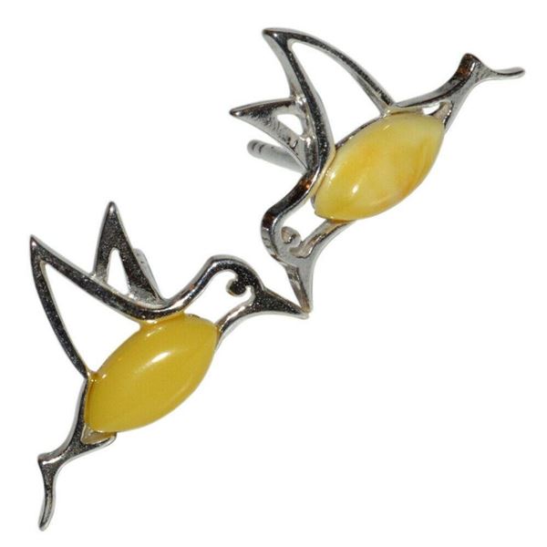 Yellow Baltic Amber Sterling Silver Hummingbird Earrings
