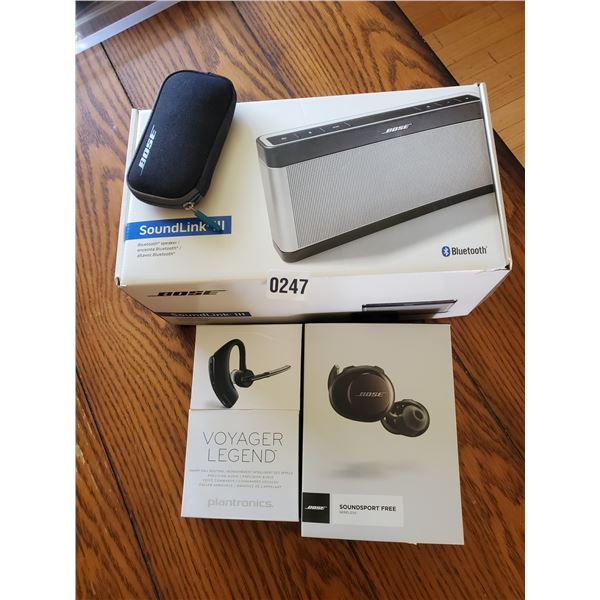 Bose Soundlink III Speaker, Bose Ear Buds, Plantronics Voyager Lengend Bluetooth Earbud, Bose Carryi