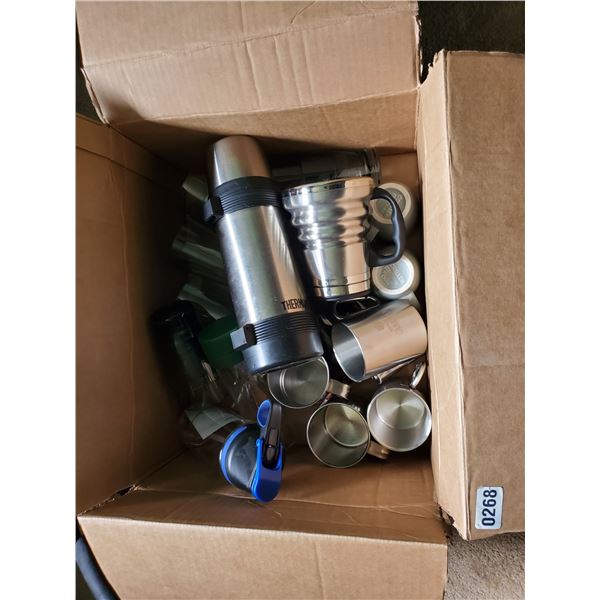 Miscellaneous Box of Mugs, Thermos, Water Bottle, Platstic Cups & More