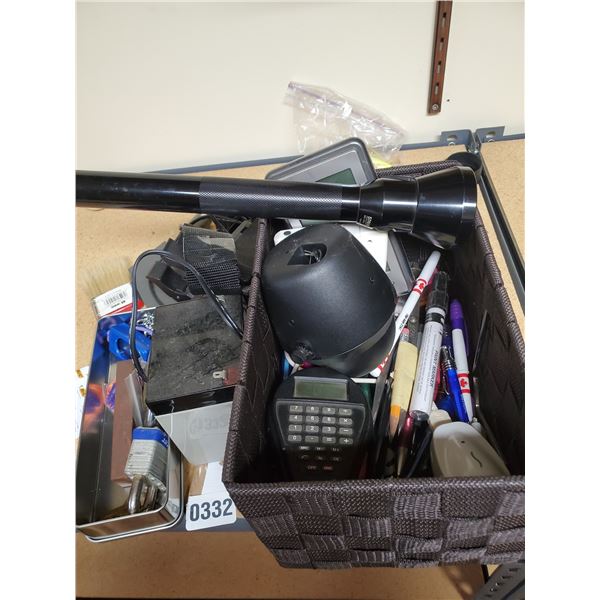 Miscellaneous Bin of Pens, Flashlight, Calculator, Locks & More