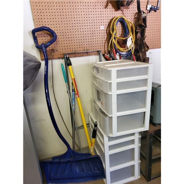 Miscellaneous Items, Painting Poles, Shovel, Jumper Cables, Tie Downs, Plastic Compartment Bins