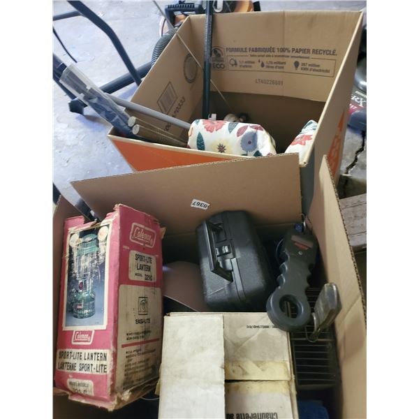 Boxes of Outdoor Gear, Latern, Metal Mugs & More