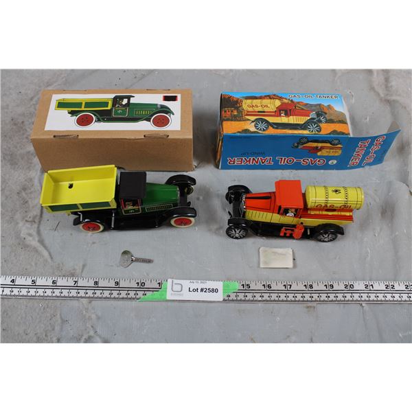 2x the money - Tin Litho wind up toys - Oil Tanker + Dump Truck