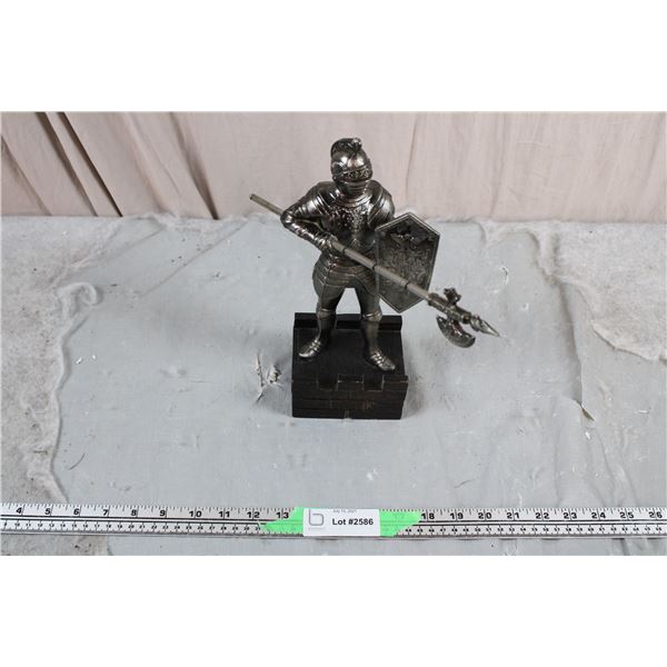 Knight in Armor (pewter?) statue on wooden base - 11.5" tall - made in Japan
