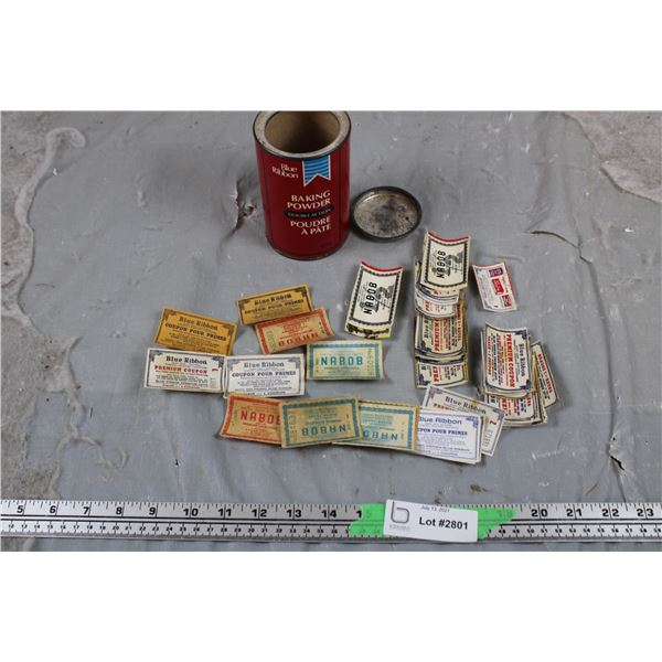 Vintage Blue Ribbon can with Dozens of Blue Ribbon + Nabob Coupons