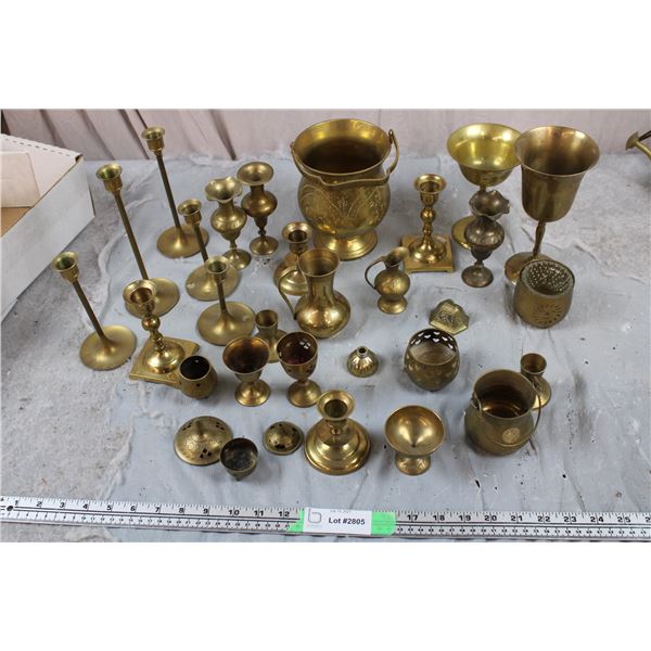 Large Lot of Brass Candlesticks, Vases, Incense Holders