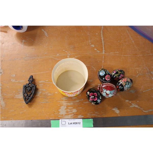 Waldheim Cottage Cheese Cup and Cast Iron Piece Painted Eggs Ukrainian Hand Painted