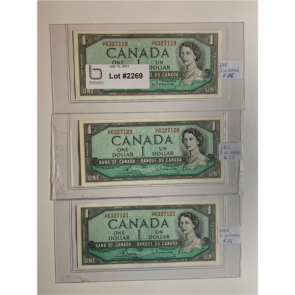 1954 $1 Uncirculated 3 Consecutive notes