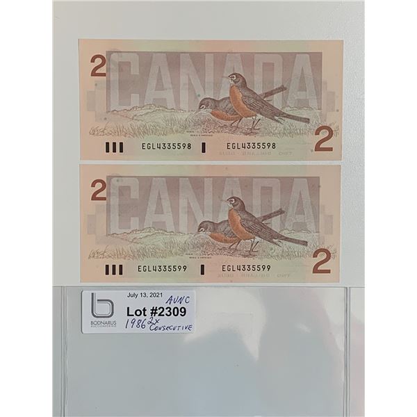 1986 $2 - 2 consecutive  AUNC notes