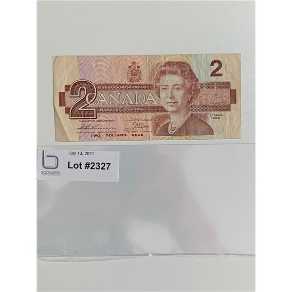 1986 $2 note Low SN