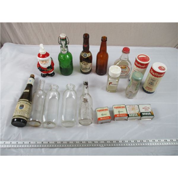 Old Type Syrum Glass Jar, Nabob/Malkins Tins + misc bottles