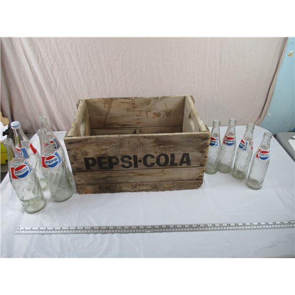 Wood Pepsi-Cola Crate + 8 Pepsi bottles
