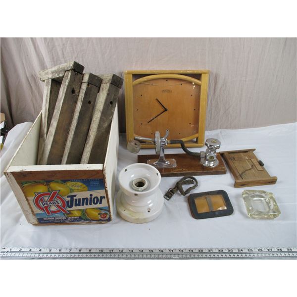 Springfield Clock, VAC Faucet, Wooden Crate with misc