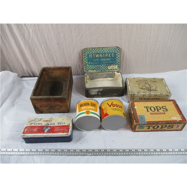 White Owl Cigar Box, Tiger EasyWeld Toe Calks Wood Crate, Sentinel First Aid with contents + Tins