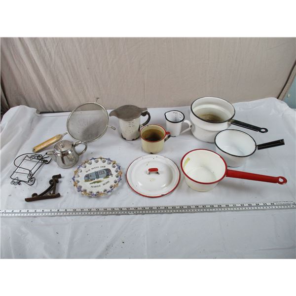 Enamelware Pots, Measuring Cups, Strainer, Stainless Steel Creamer, misc