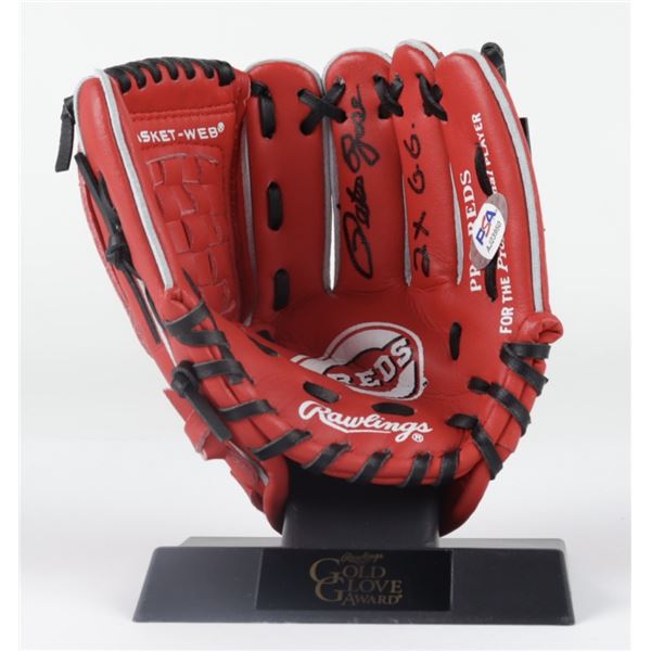 Pete Rose Signed Mini Reds Logo Glove With Display Stand Inscribed "2x G.G." (PSA COA)