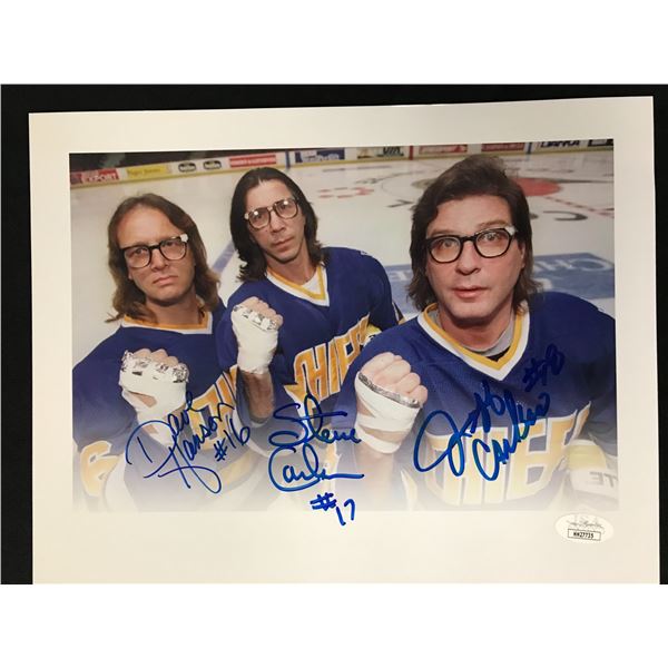 THE HANSON BROTHERS TRIPLE SIGNED 8 X 10 "SLAP SHOT" PHOTO (JSA COA)