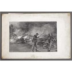 WM HENRY SHELTON GOUACHE “BREASTWORKS ON FIRE"